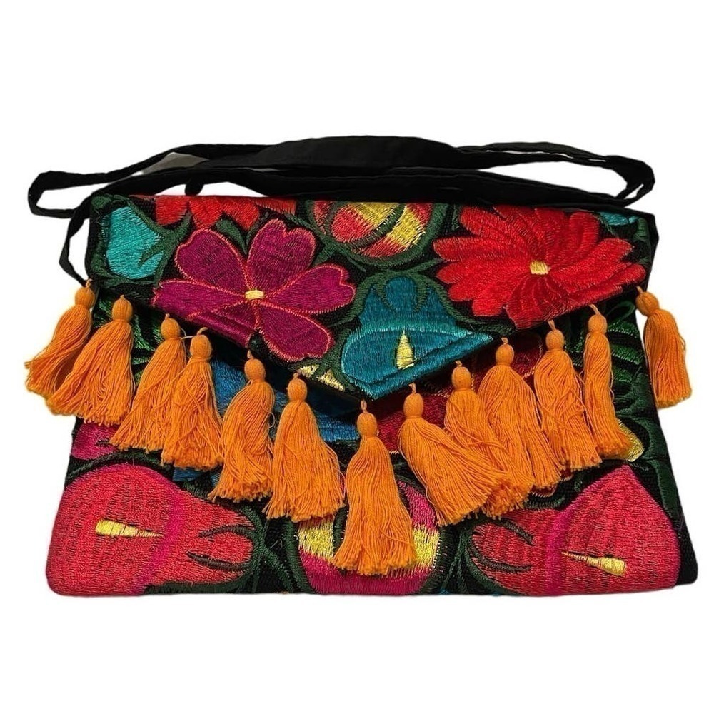 Boho Colorful Embroidered Floral Crossbody Clutch Cottage Core Handbag